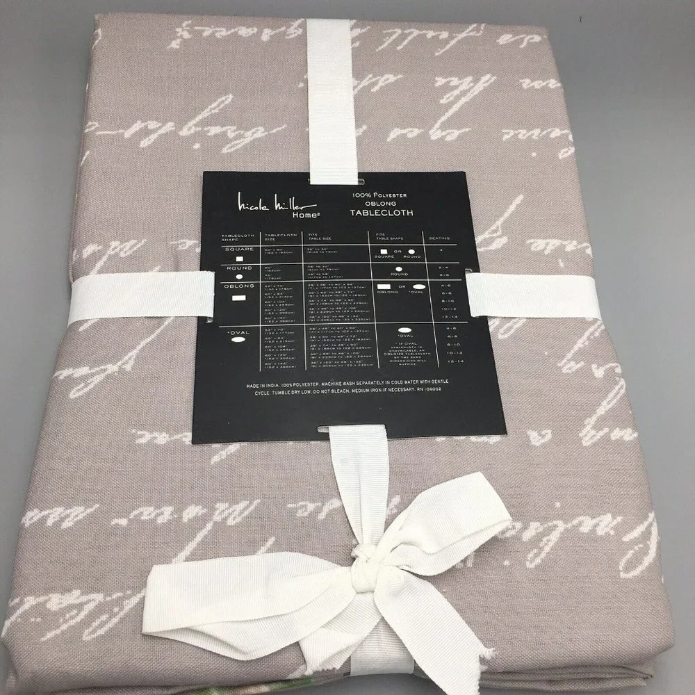 Nicole Miller Sunflower Script Fall Tablecloth 60x84 Aqua White Gray Fabric NEW